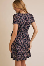 Ditsy Floral Faux Wrap Dress-Navy