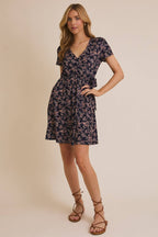 Ditsy Floral Faux Wrap Dress-Navy