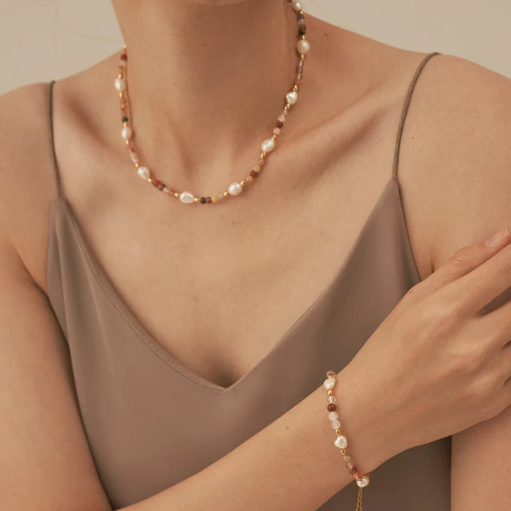 18K Non-Tarnish Rainbow Beaded Bracelet-Pink Agate