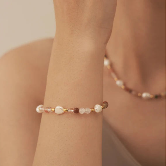 18K Non-Tarnish Rainbow Beaded Bracelet-Pink Agate