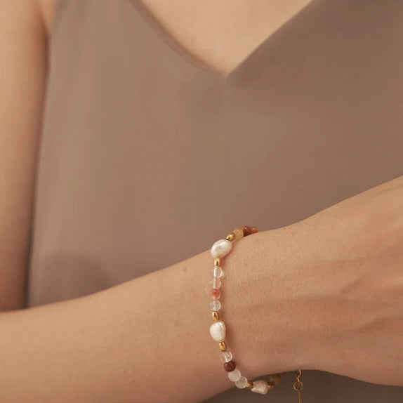 18K Non-Tarnish Rainbow Beaded Bracelet-Pink Agate