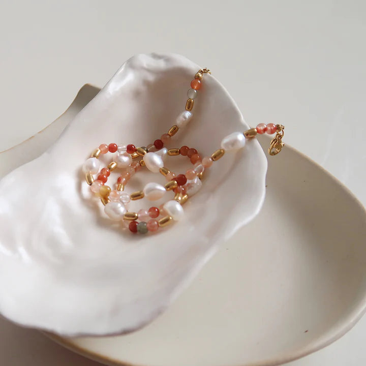 18K Non-Tarnish Rainbow Beaded Bracelet-Pink Agate