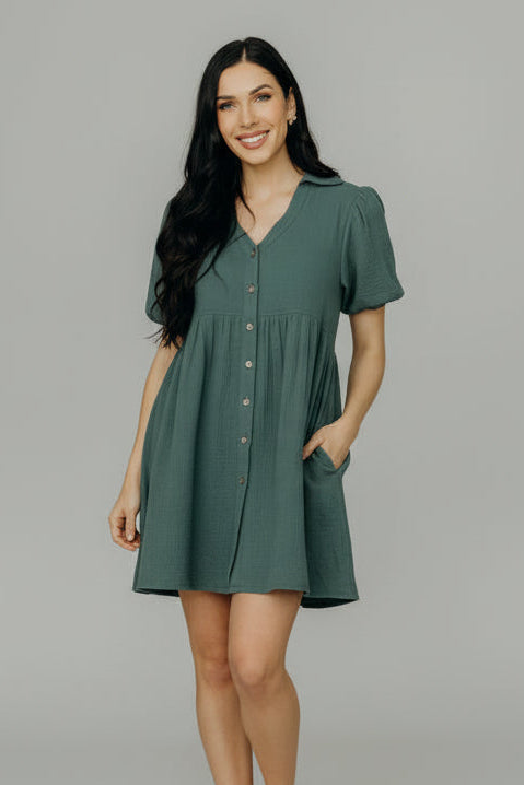 Bubble Sleeve Dress-Cape Verde Gauze | Women's Dresses - Erma Jean Bubble Sleeve Dress-Cape Verde Gauze | Women's Dresses - Erma Jean