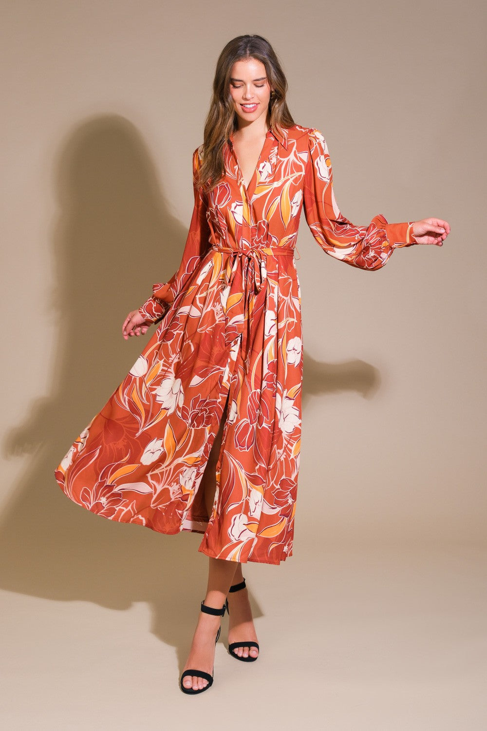 Floral Print Long Sleeve Midi Dress-Rust