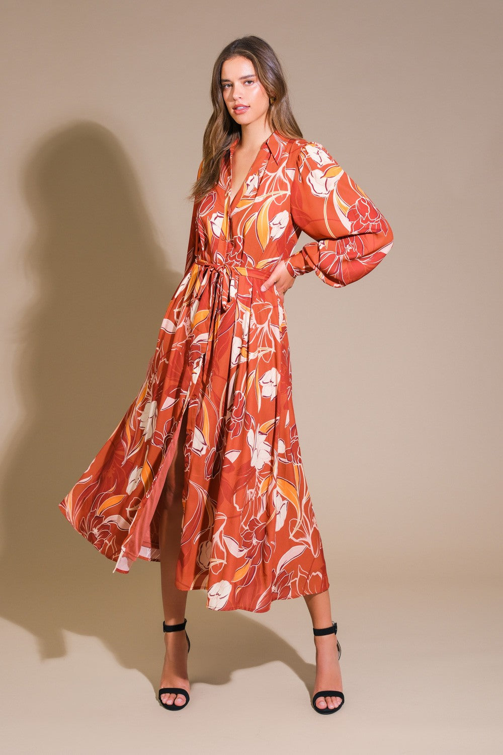 Floral Print Long Sleeve Midi Dress-Rust