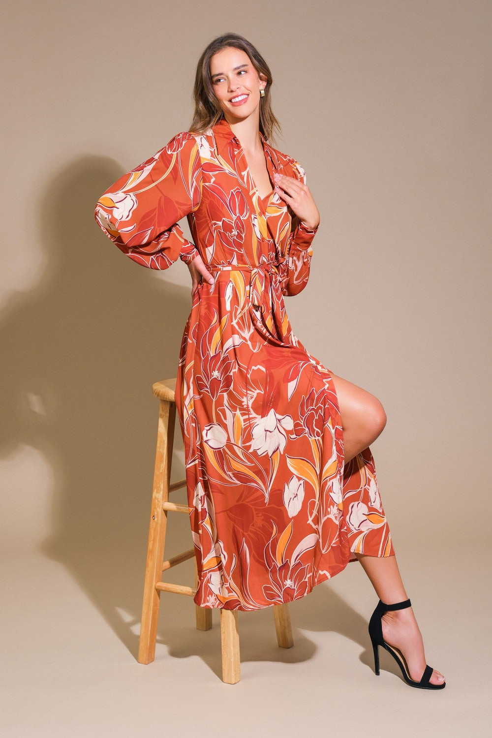 Floral Print Long Sleeve Midi Dress-Rust