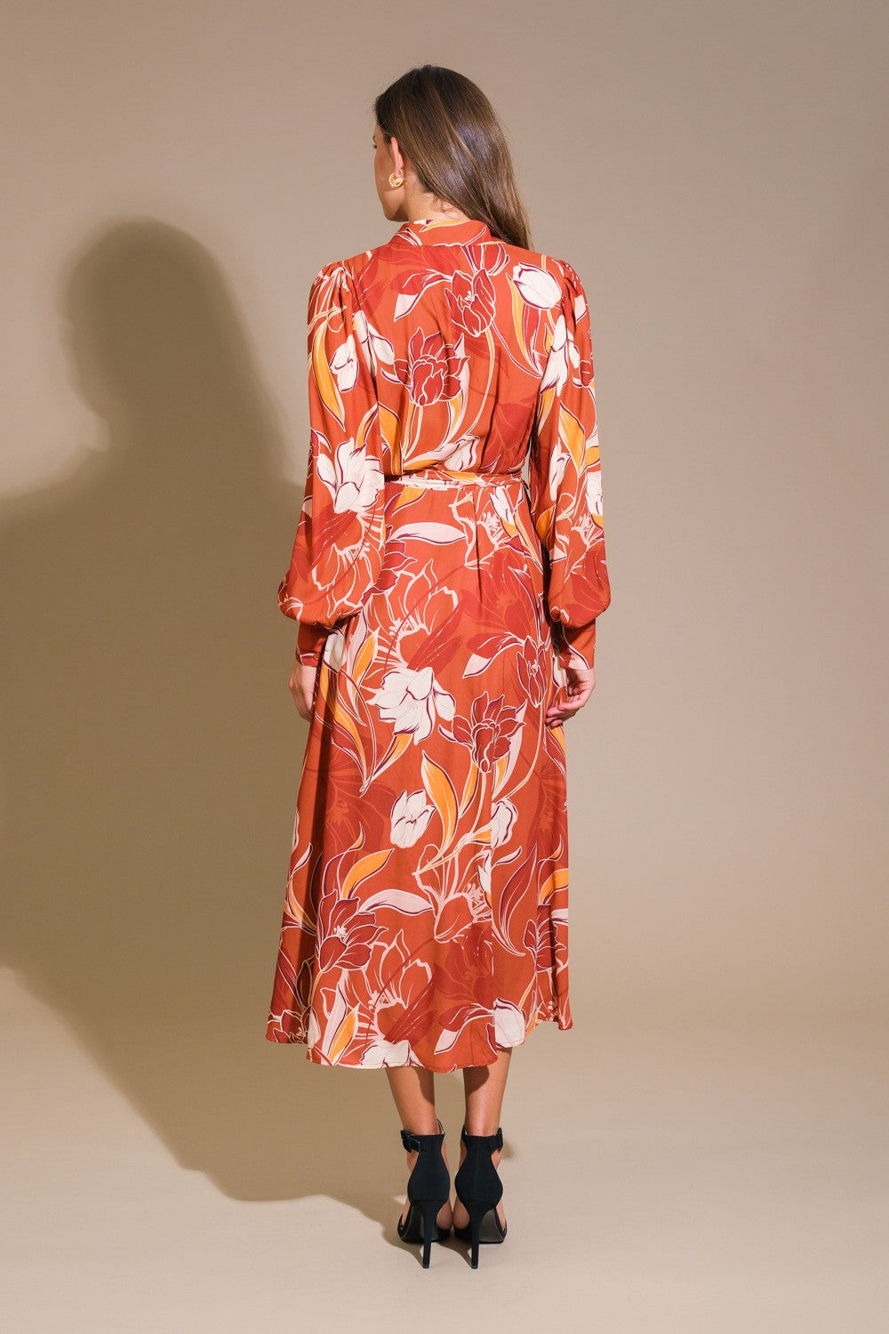 Floral Print Long Sleeve Midi Dress-Rust