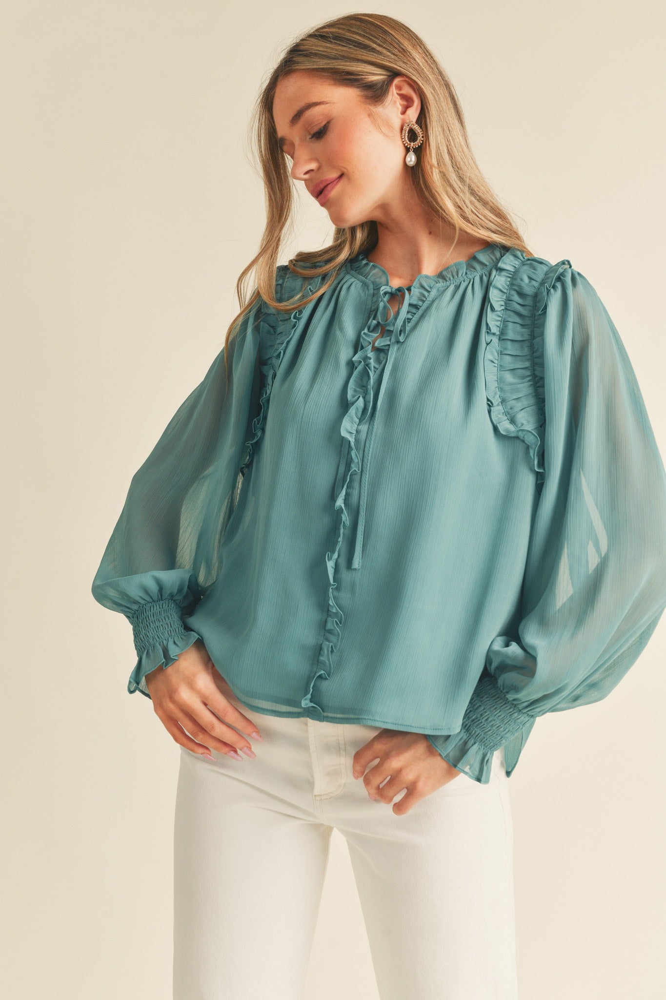 Chiffon Ruffle Smocked Detail Blouse