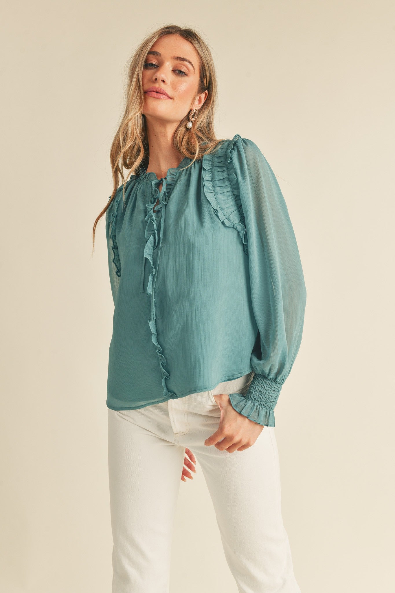 Chiffon Ruffle Smocked Detail Blouse