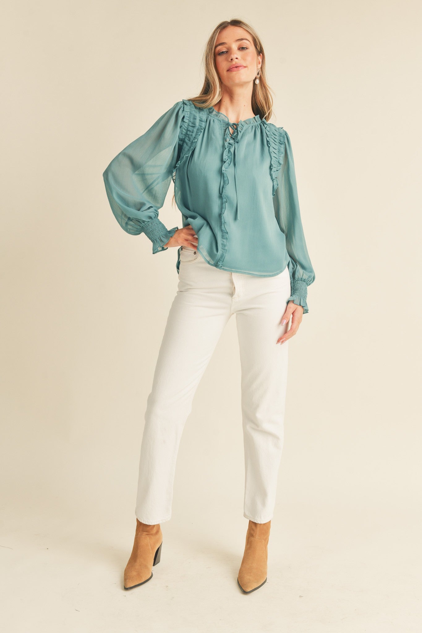 Chiffon Ruffle Smocked Detail Blouse