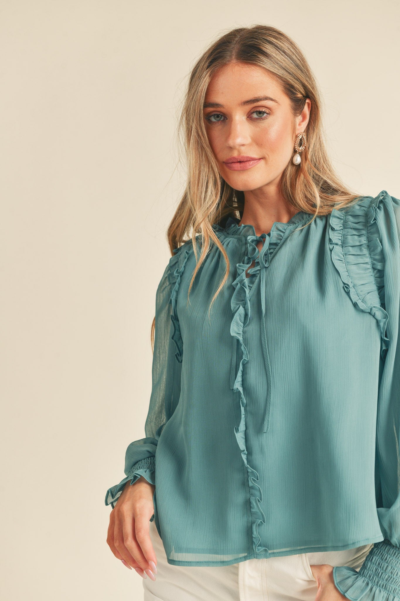 Chiffon Ruffle Smocked Detail Blouse