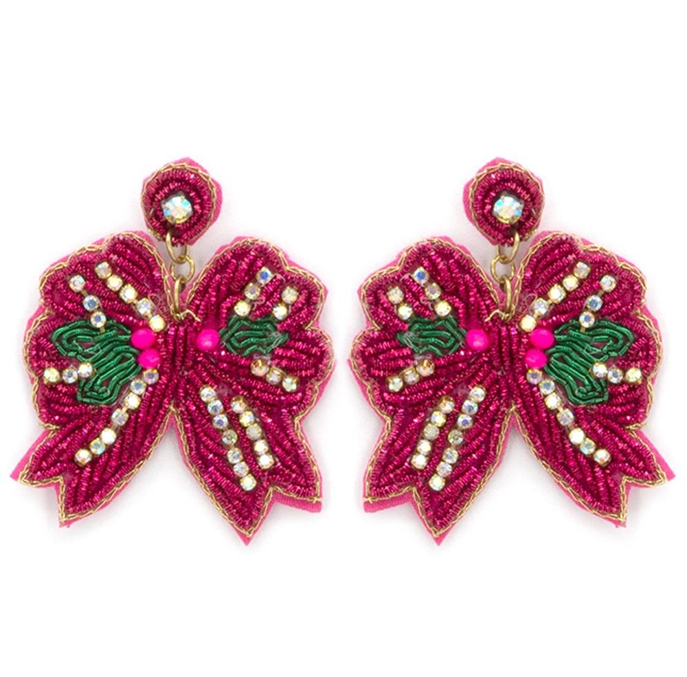 Christmas Ribbon Seed Bead Bow Earrings-Fuchsia