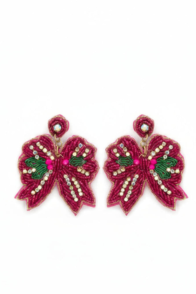 Christmas Ribbon Seed Bead Bow Earrings-Fuchsia