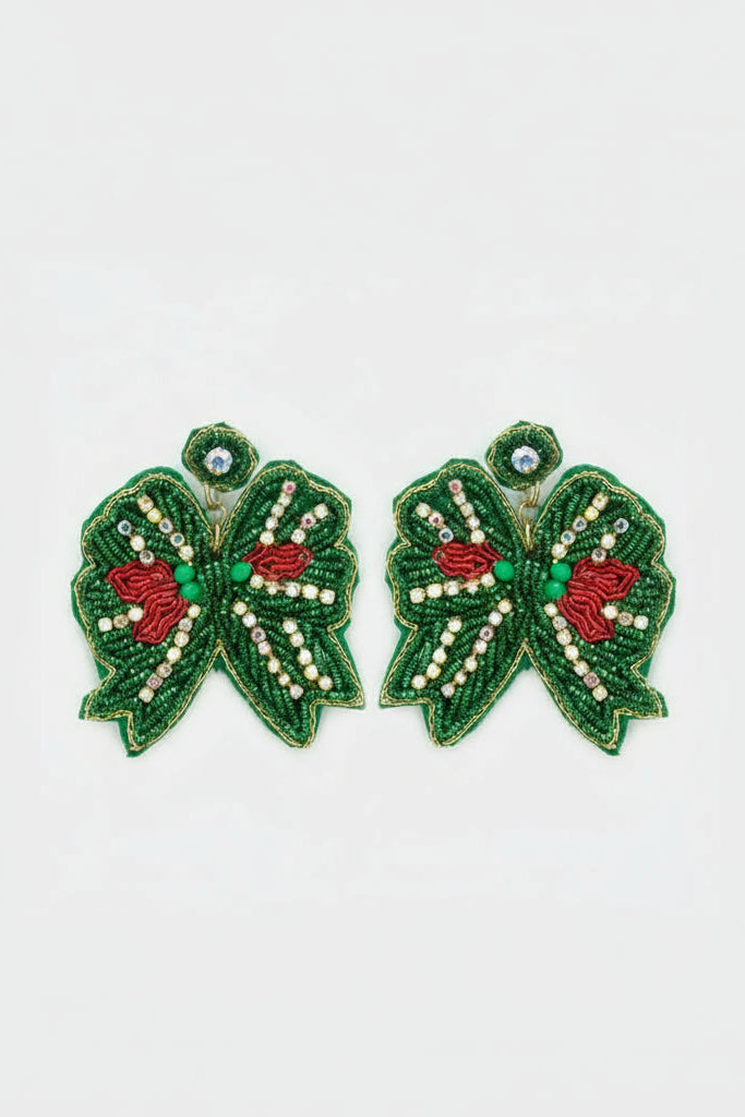 Christmas Ribbon Seed Bead Bow Earrings-Green