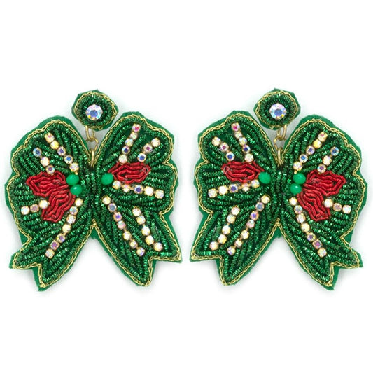 Christmas Ribbon Seed Bead Bow Earrings-Green