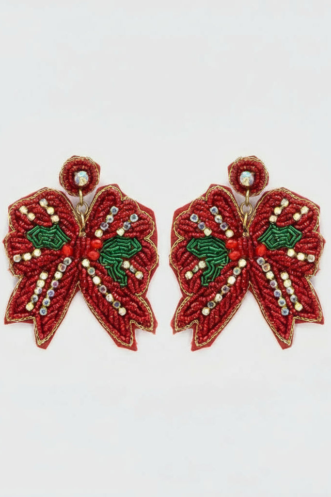 Christmas Ribbon Seed Bead Bow Earrings-Red