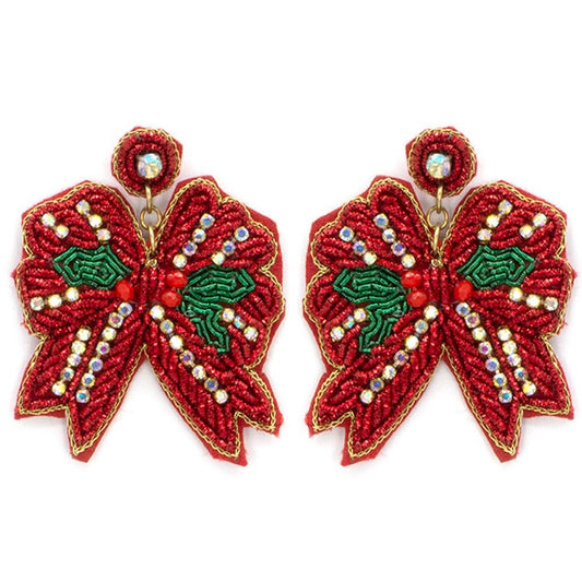 Christmas Ribbon Seed Bead Bow Earrings-Red