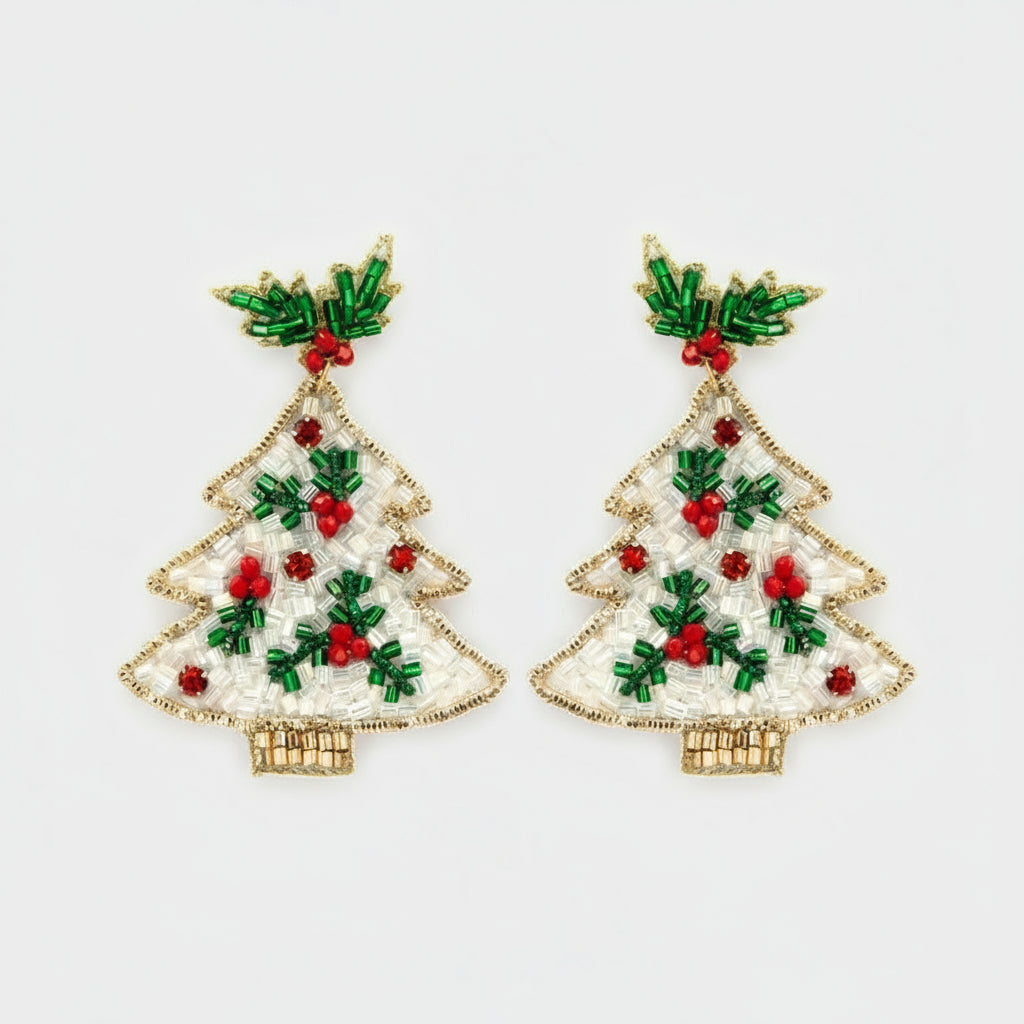 Christmas Tree Seed Bead Dangle Post Earrings-Red Green