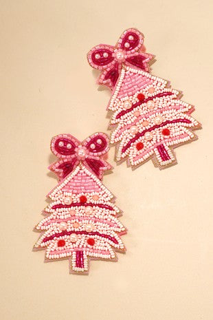 Christmas Tree with Bow Seed Bead Earrings-Pink