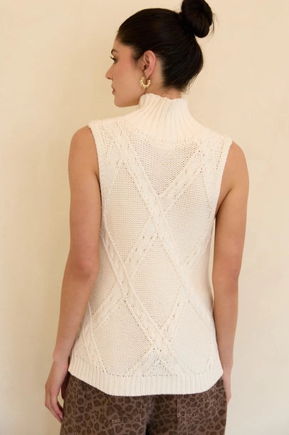 Back view of a woman wearing a cream mock neck knitted sleeveless top against a beige background