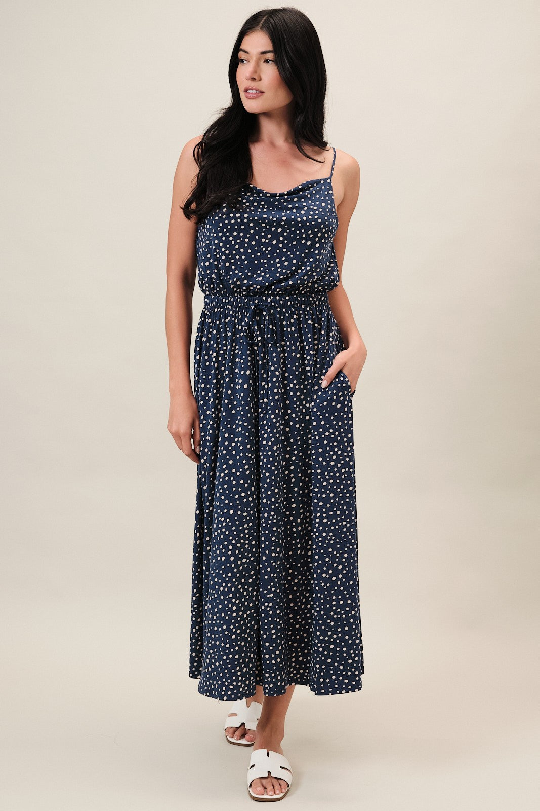 Cowl Neck Spaghetti Strap Midi Dress-Navy-Ivory Flowy – Erma Jean