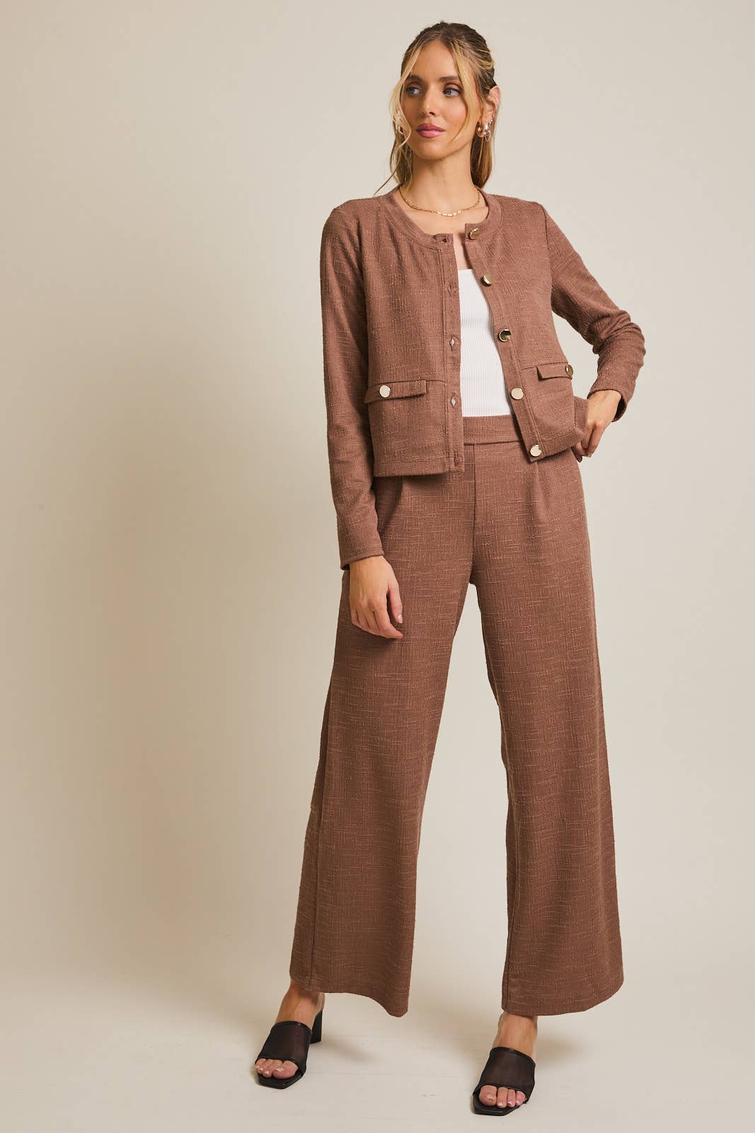 Cindy Pleated Wide Leg Pants-Brown Boucle
