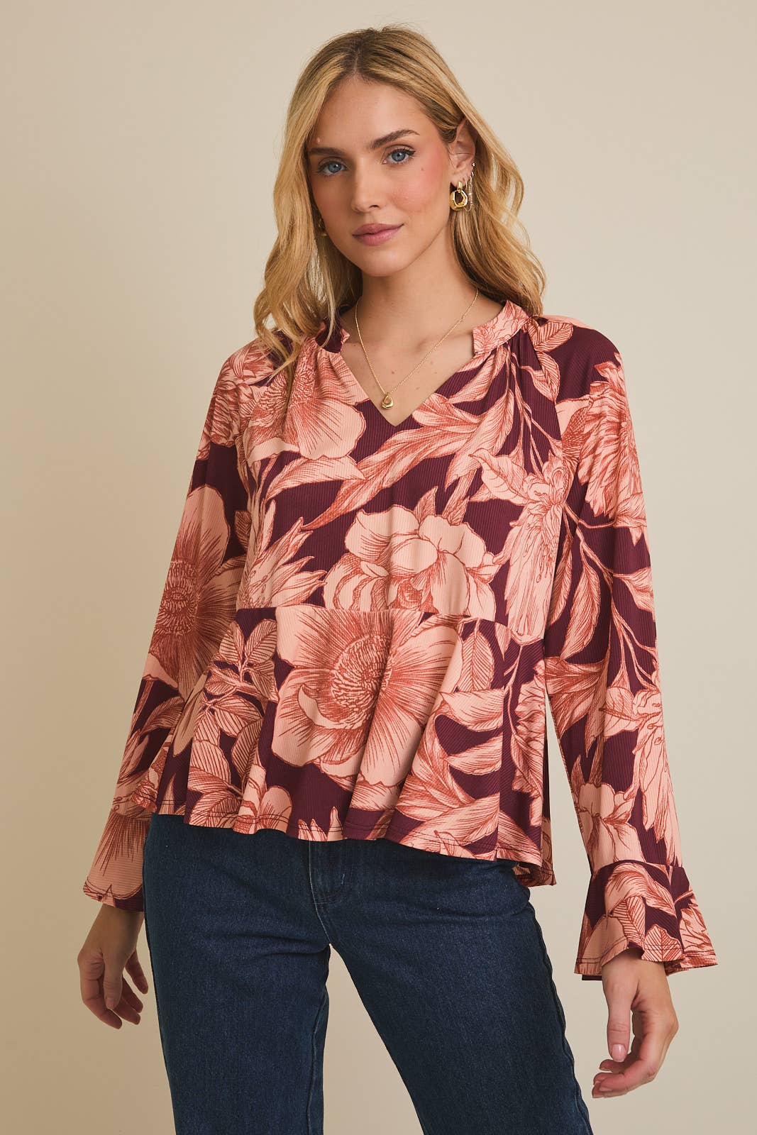 Floral Flare Long Sleeve Top-Burgundy