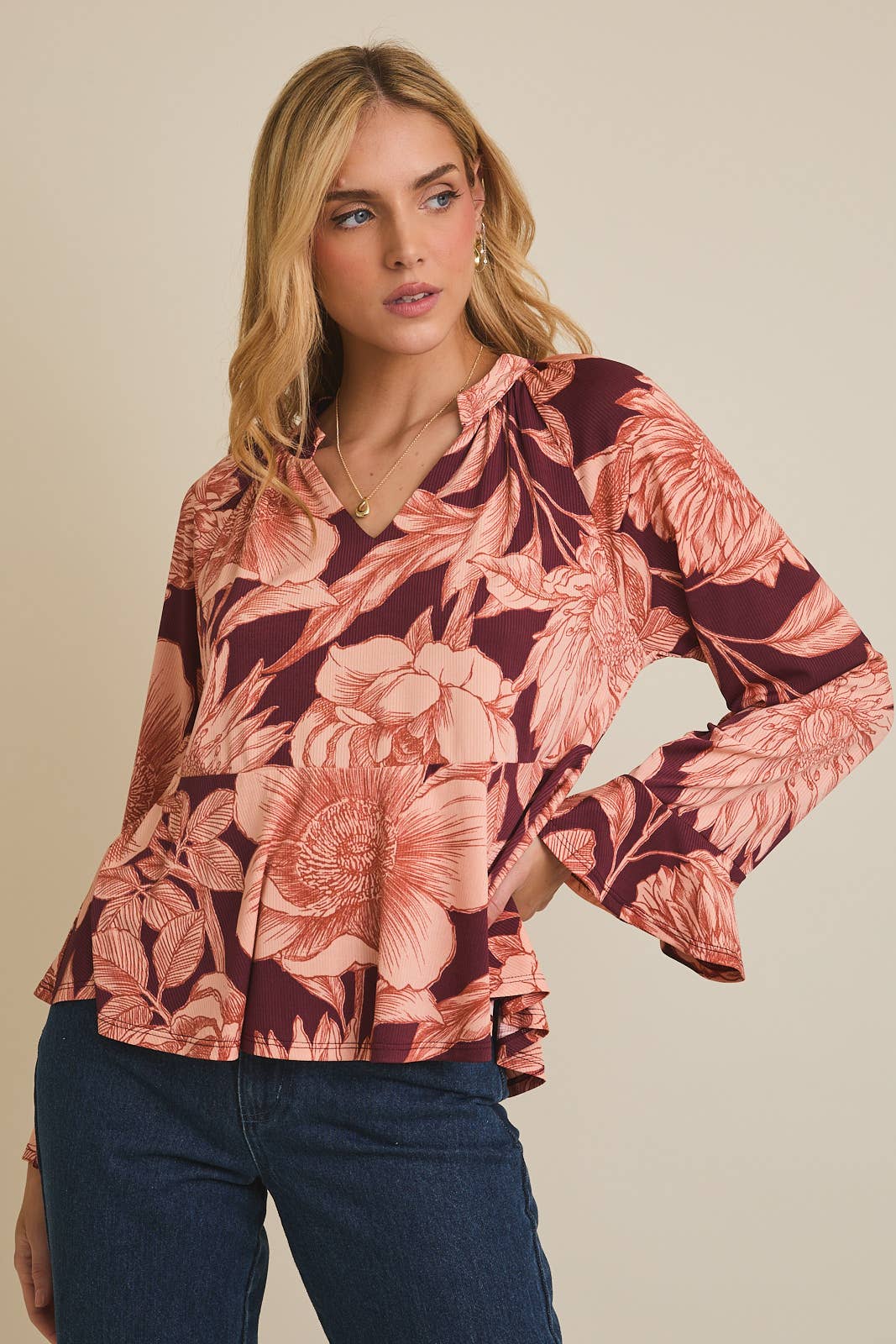 Floral Flare Long Sleeve Top-Burgundy