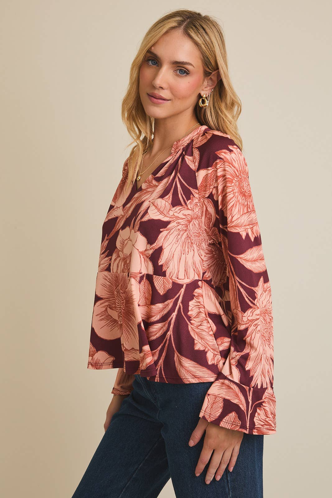 Floral Flare Long Sleeve Top-Burgundy