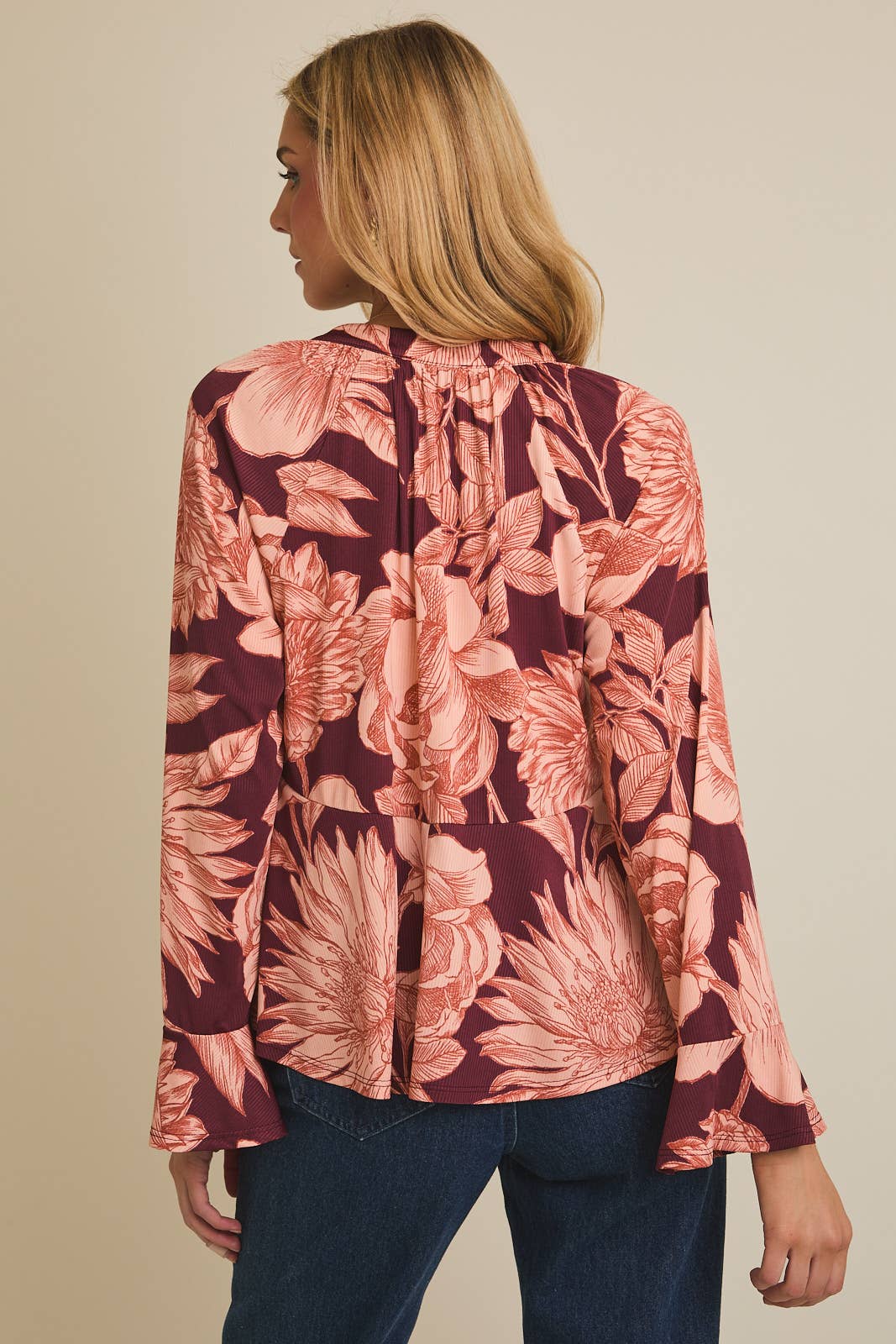 Floral Flare Long Sleeve Top-Burgundy