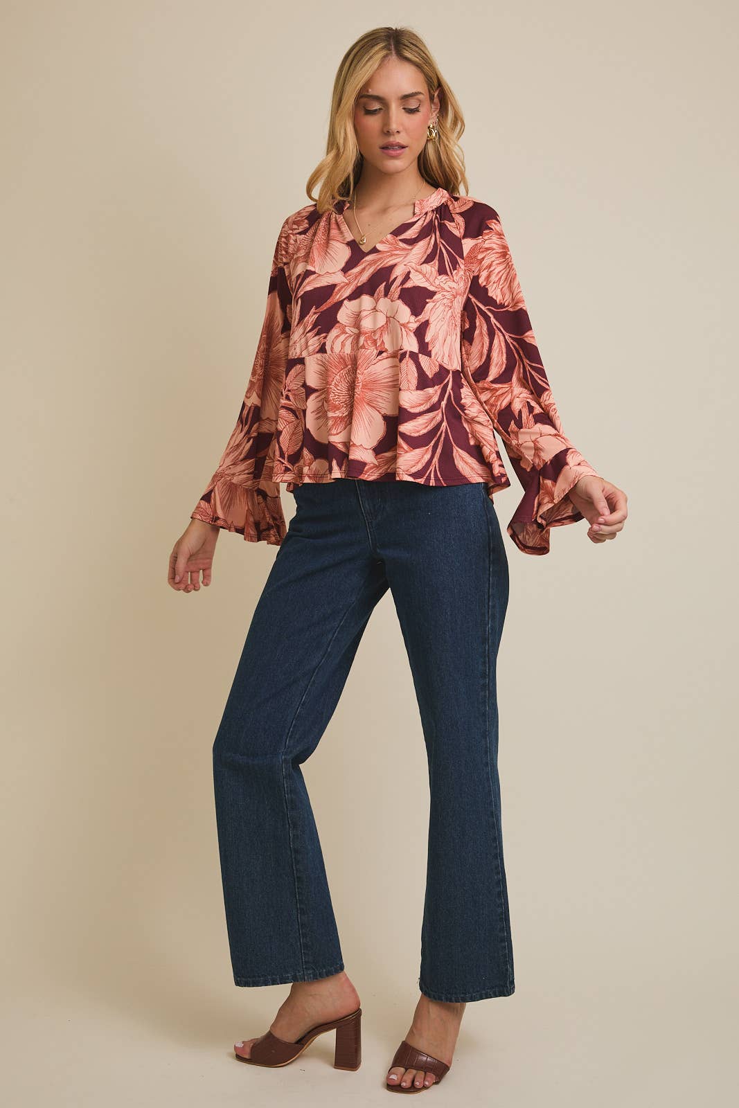 Floral Flare Long Sleeve Top-Burgundy