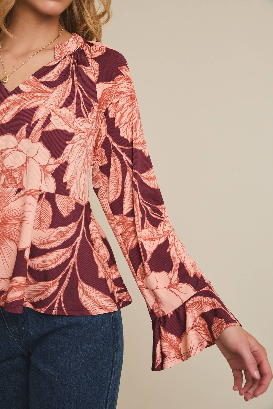 Floral Flare Long Sleeve Top-Burgundy