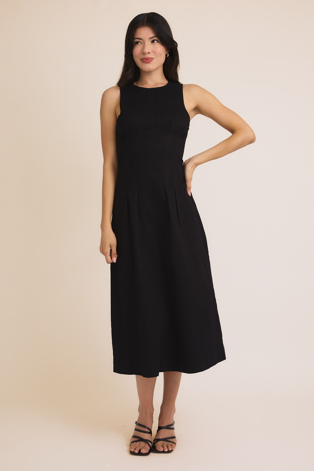 Sleeveless Pleated Stretch Twill Midi Dress-Black