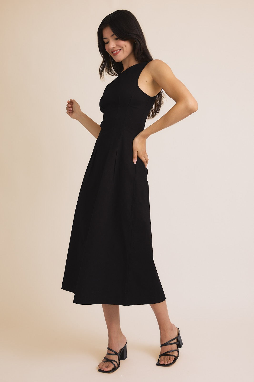 Sleeveless Pleated Stretch Twill Midi Dress-Black