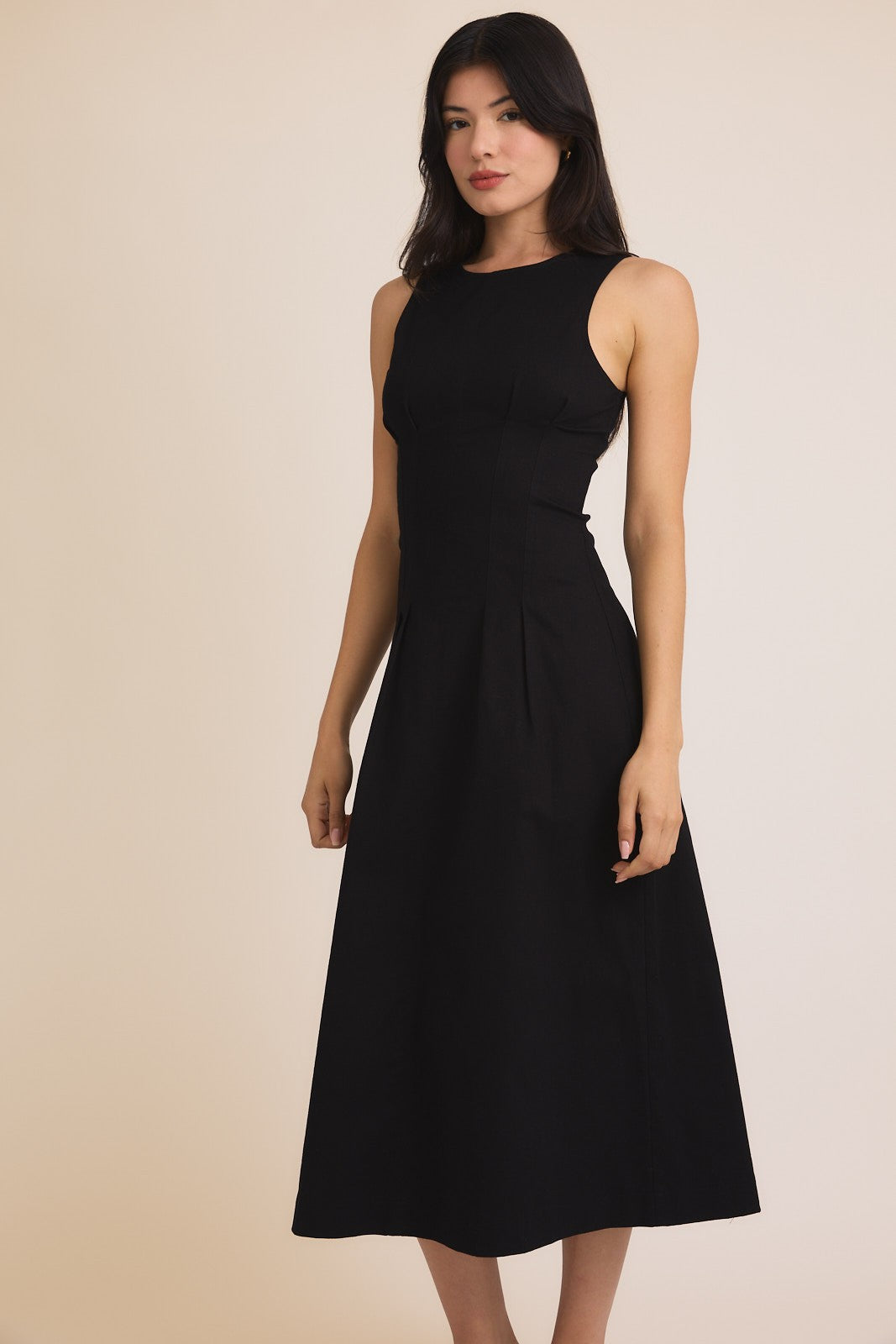 Sleeveless Pleated Stretch Twill Midi Dress-Black