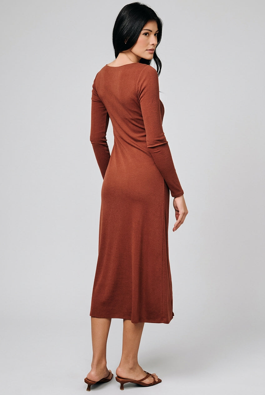 Back view of a woman modeling a rust-brown long-sleeve midi dress standing against a neutral beige studio backdrop.