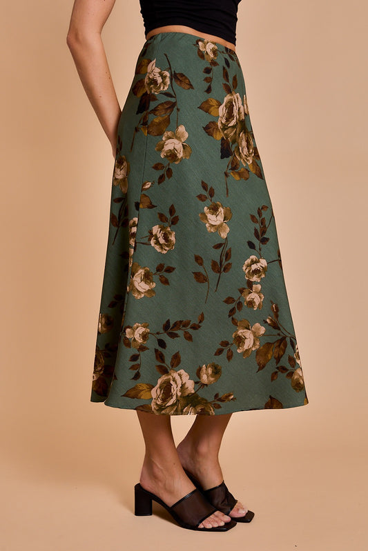 Floral Print Midi Skirt-Green Multi