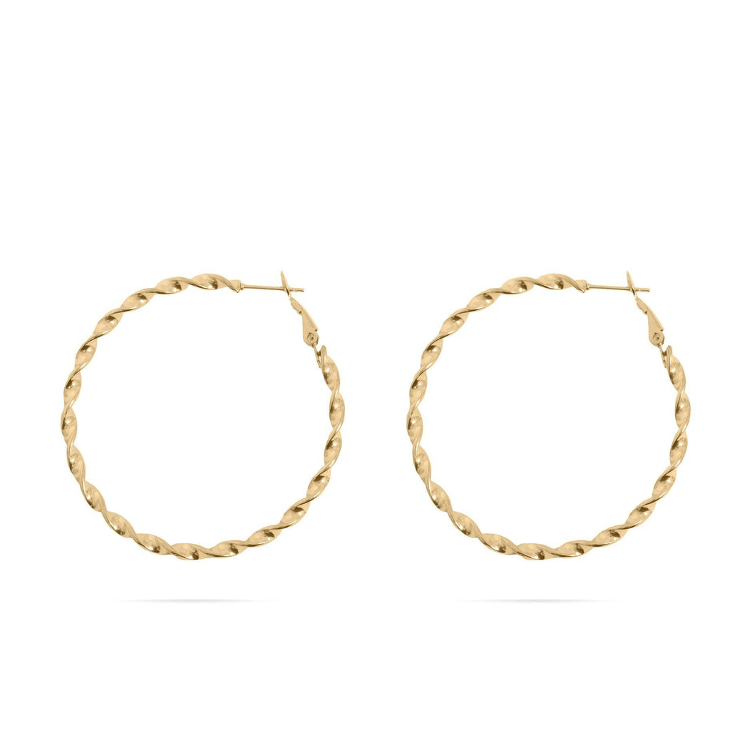 Gold twisted hoop earrings on a white background