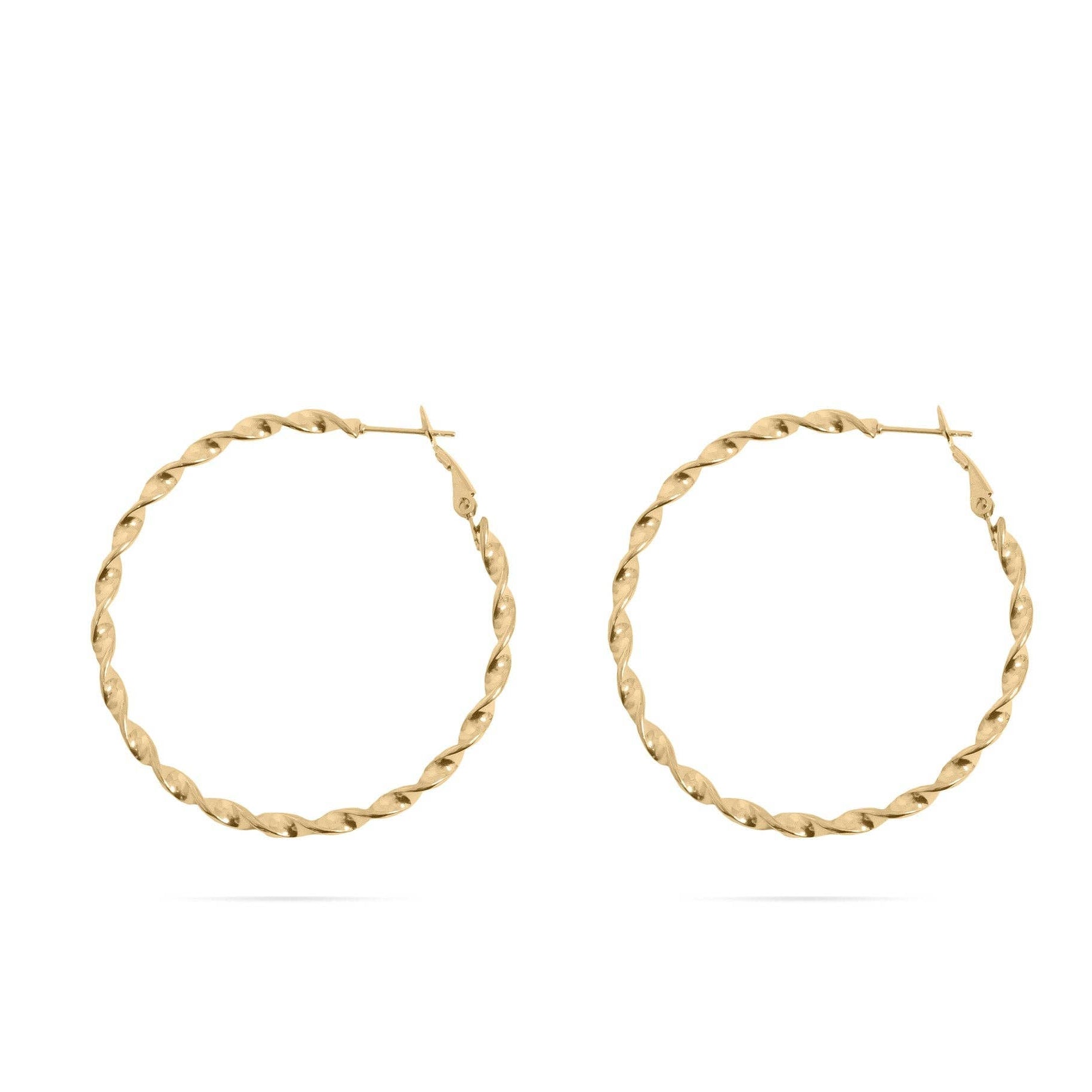 Gold twisted hoop earrings on a white background