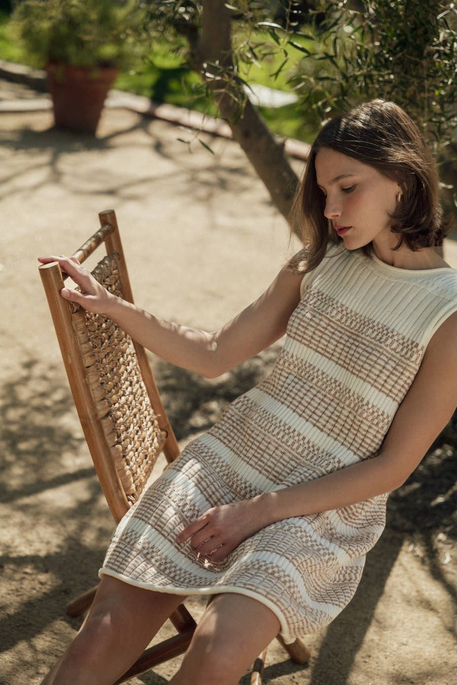 Striped Textured Sweater Dress-Ivory Mustard