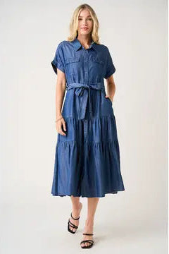denim tiered shirt dress Belted Denim Tiered Shirt Dress Highstreet Outlet UK