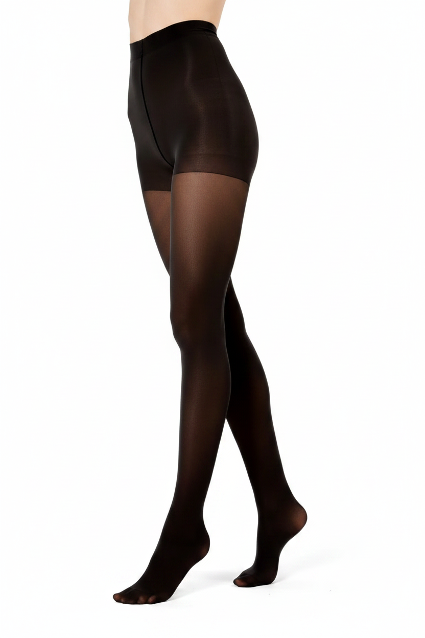 A side profile view of a model wearing sheer black tights and a matching black brief, shown against a plain white background.