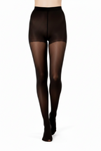 Black sheer tights worn by a model, shown from the waist down against a plain white background.