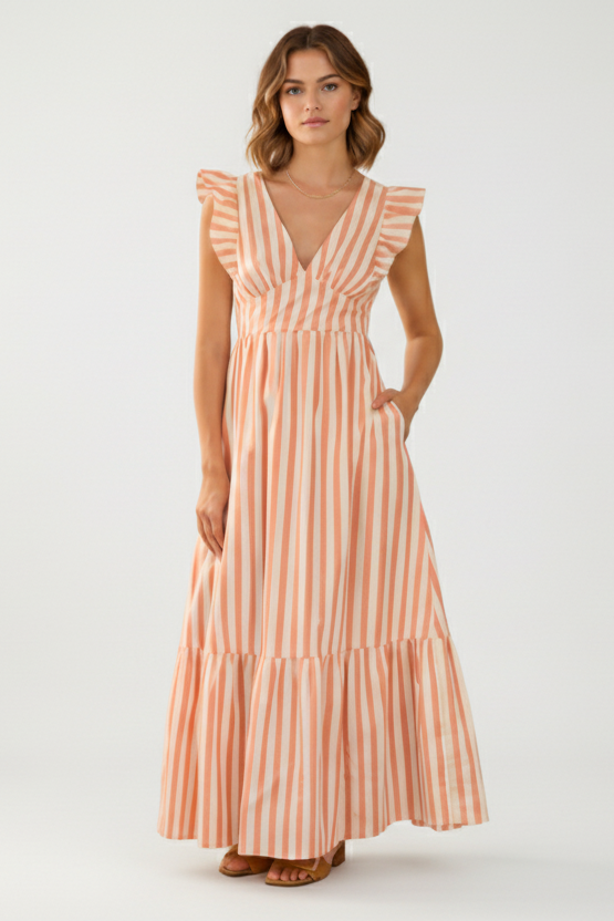 Woman wearing a coral and cream striped maxi dress on a cream background