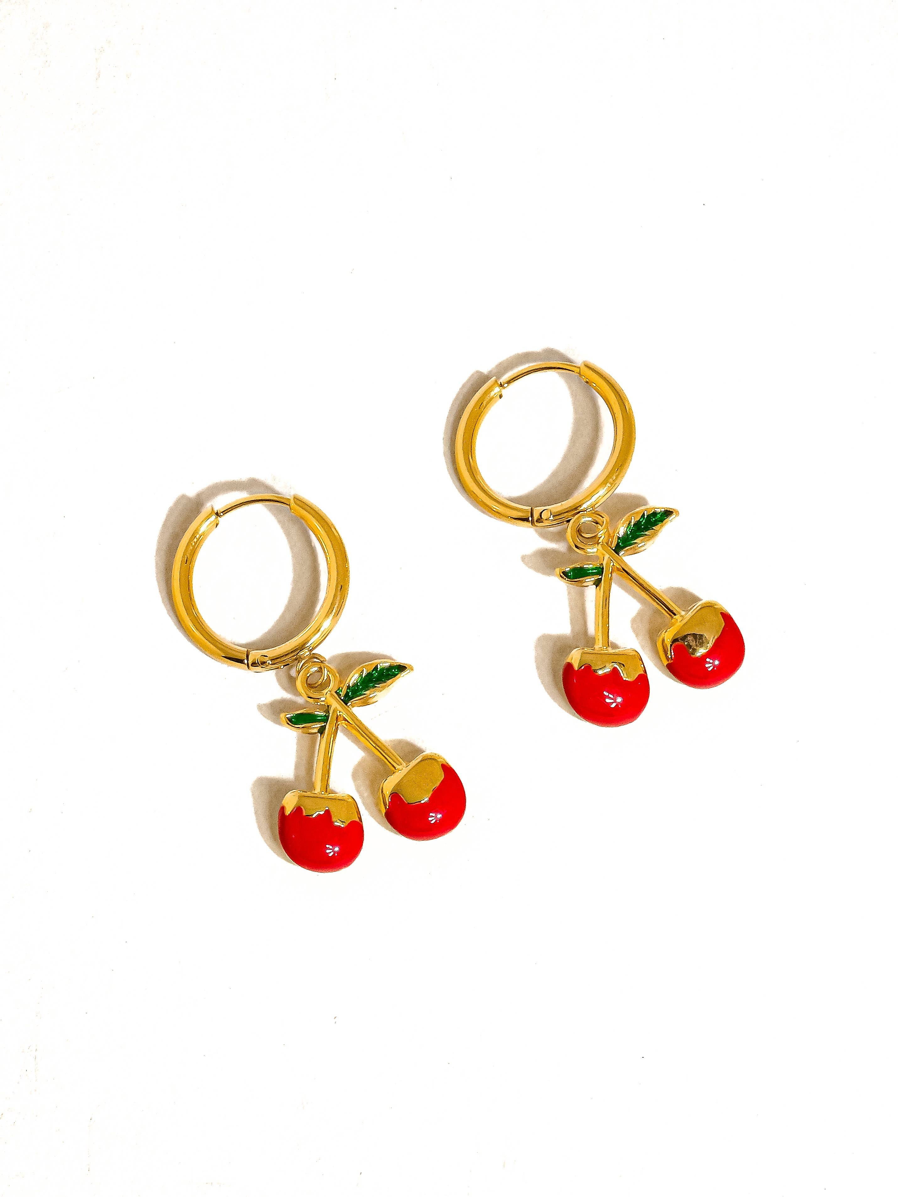 Non-Tarnish Vintage Red Cherry Earrings-18k Gold Plated