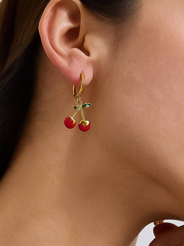 Non-Tarnish Vintage Red Cherry Earrings-18k Gold Plated