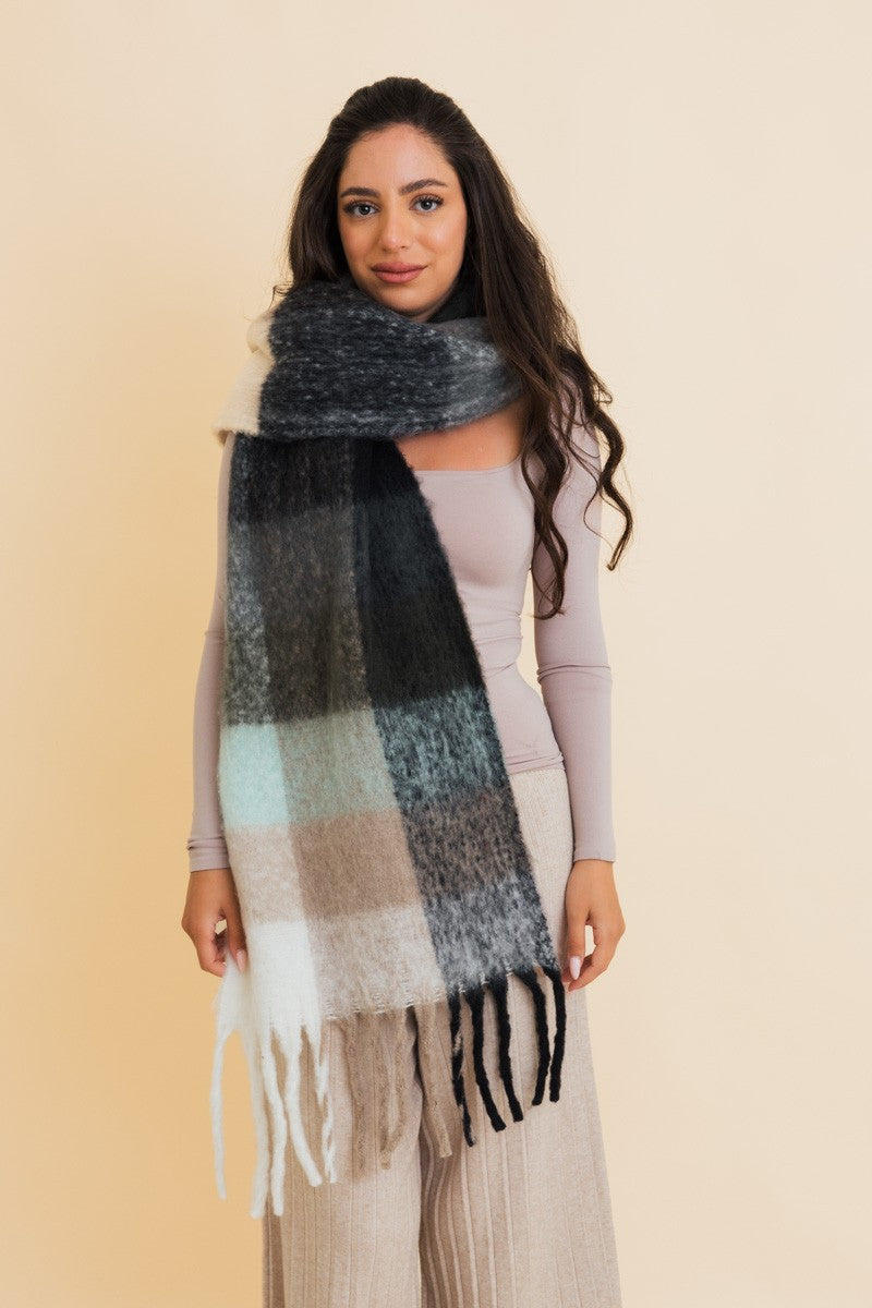 Cozy Oversized Fringe Scarf-Green Beige Black Plaid