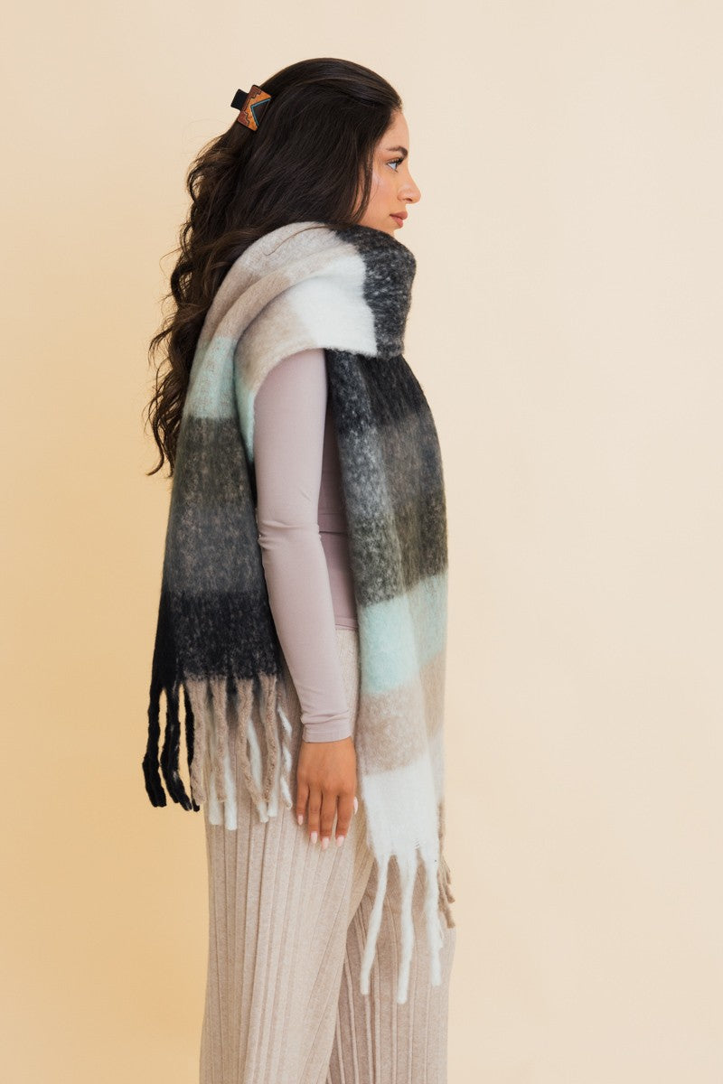 Cozy Oversized Fringe Scarf-Green Beige Black Plaid