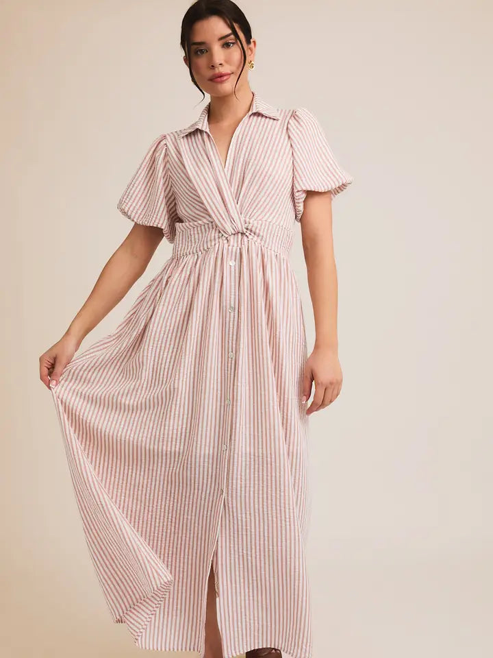 Front Tie Detail Striped Maxi Dress-White Pink