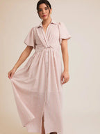 Front Tie Detail Striped Maxi Dress-White Pink